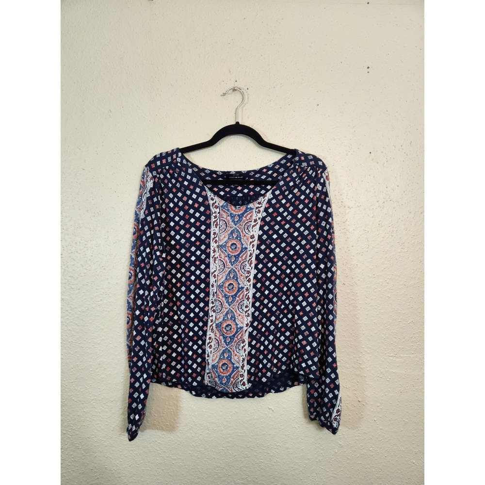 Lucky Brand Womens Large Navy Blue Blouse Geometric Paisley Boho Long Sleeve Top